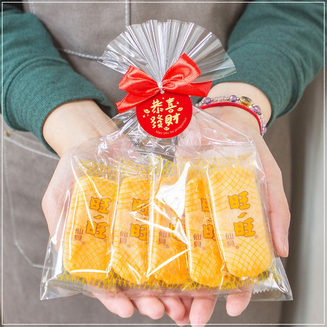 旺旺 仙貝米餅 招財餅乾包, 4cm喜氣版新春快樂吊牌, 5個