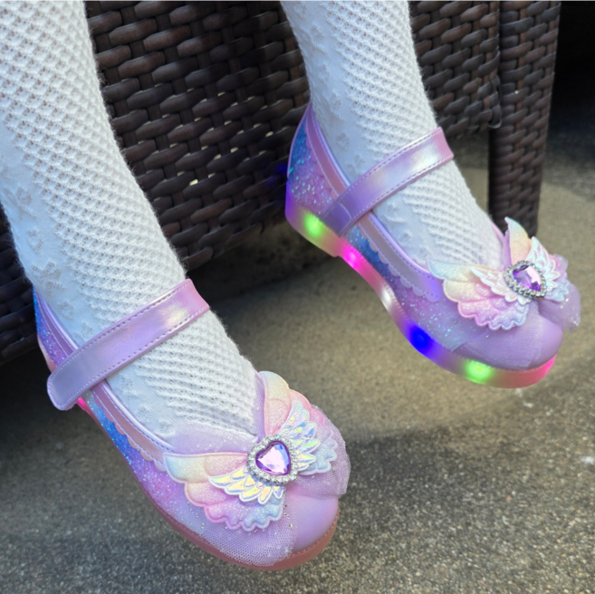 프롬베베 여아용 세실 무지개 날개 리본 LED 구두