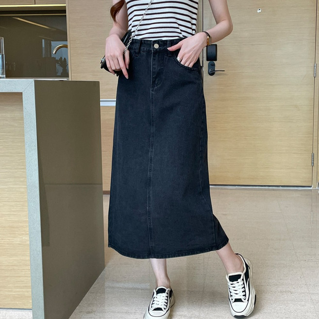 화지나무 H라인 데님 스커트 뒷트임 롱 청치마