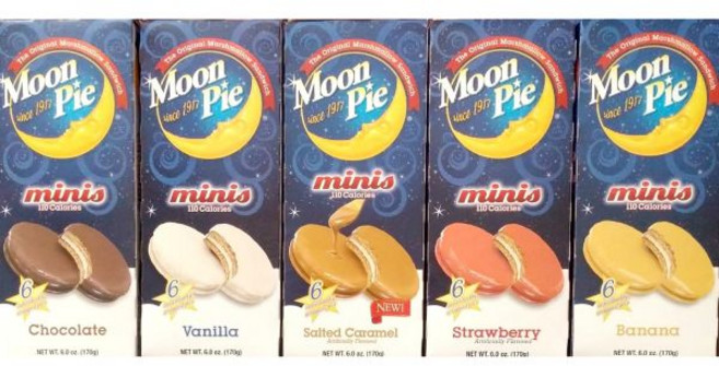 Moon Pie 케이크 스낵 문 파이 미니 다양한 맛 세트 5박스 소금 캐러멜 1개 초콜릿 딸기 바나나 바닐라 박스당 6개 총 30개