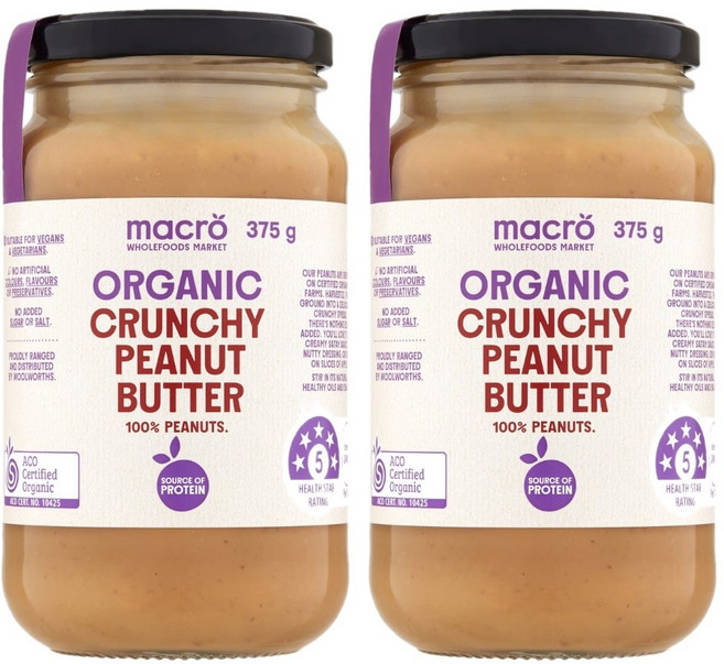 호주 매크로 Macro Crunchy Peanut Butter 크런치 피넛 땅콩 버터, 2개, 375g