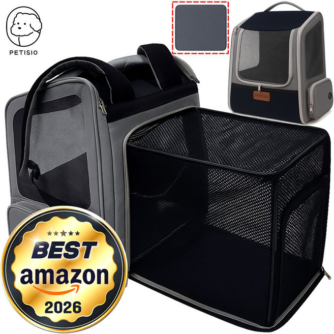 쁘띠시오 강아지 백팩 고양이 3면 통풍 확장형 이동가방, 1개, 블랙