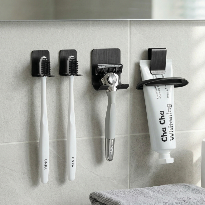 홈르네 녹슬지 않는 무타공 스텐 칫솔꽂이 칫솔걸이 세트, 1개, 블랙 2인용