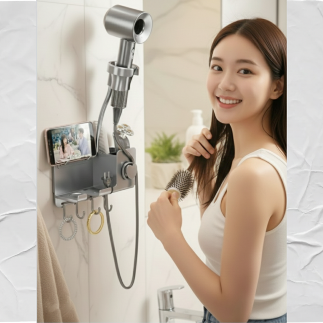 K-STORE 무타공 부착형 드라이기 거치대 접착식 흡착식 헤어 드라이어 욕실 걸이 펫 드라이 강아지 고양이 목욕 편리한 스타일러 노터치 거치 다각도 각도 조절, 1개, 화이트