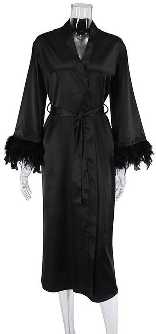 女士羽毛緞面睡袍 寬鬆長款家居服, 1個, 黑色XL