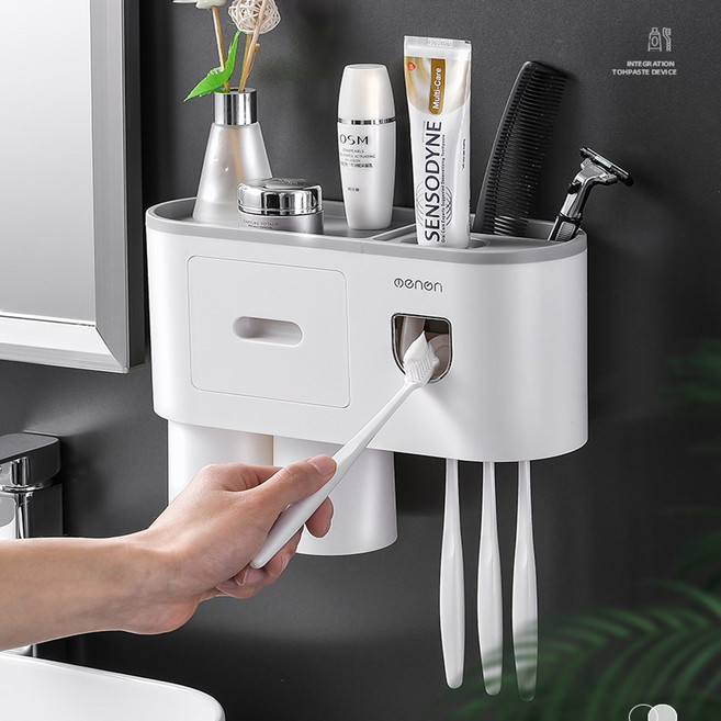 제이와이홀딩스 욕실 칫솔걸이 자석 양치컵 수납 치약 디스펜서, 1개