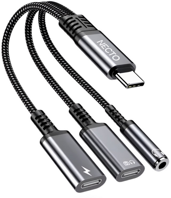 넥토 C타입 젠더 이어폰 PD 60W 충전 동시 연결잭 듀얼C+3.5mm, 1개, 그레이, 13cm