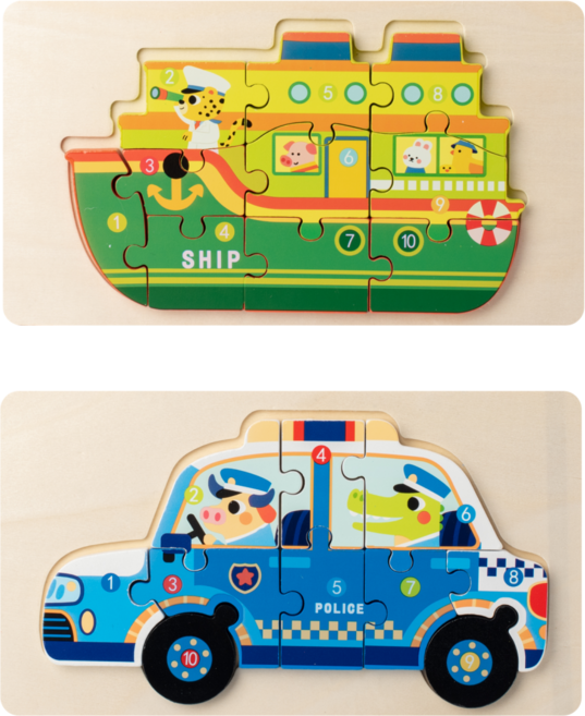 兒童交通工具立體拼圖 木質拼板 益智早教玩具, 1個, 郵輪+警車
