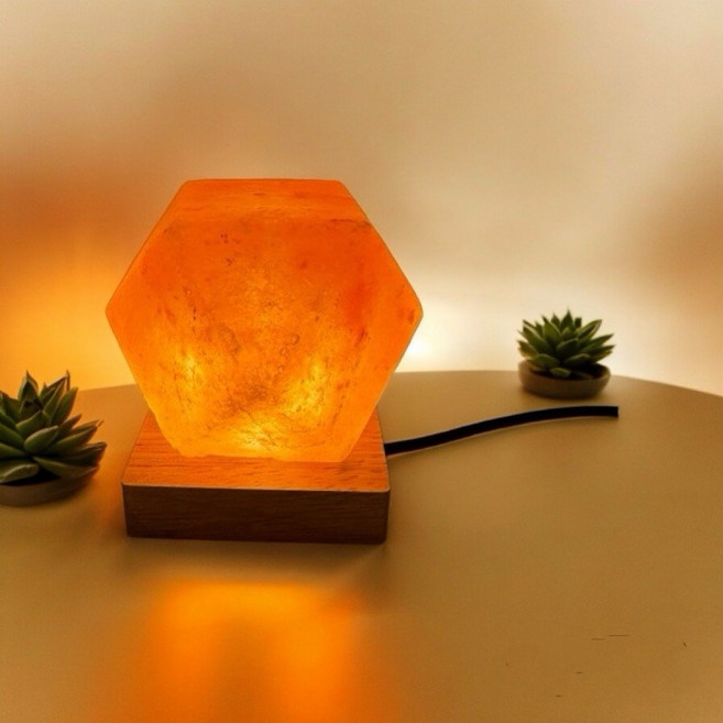 迷你USB鹽燈 小夜燈 精油燈 附木質底座, 玫瑰鑽石