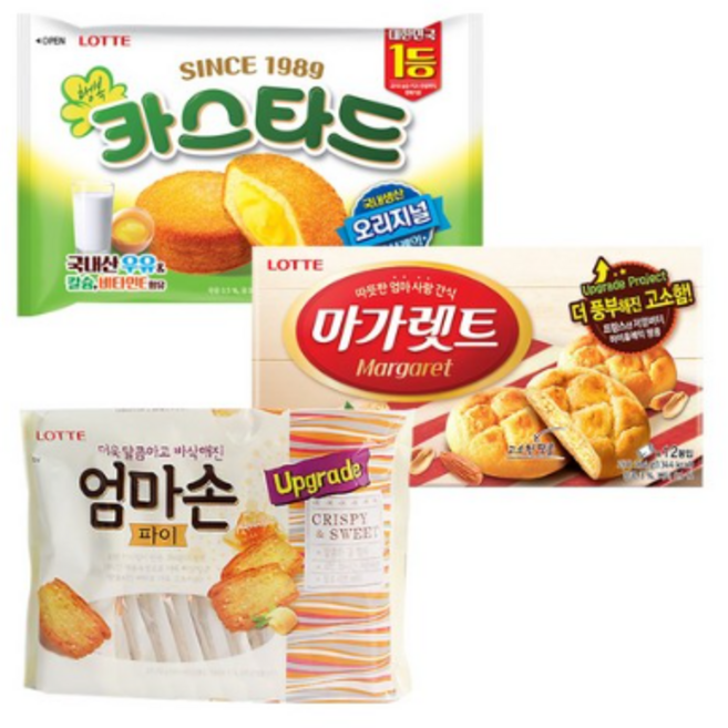[본사직영]롯데제과 마가렛트카스타드엄마손파이 혼합구성 3개, 352g, 1세트