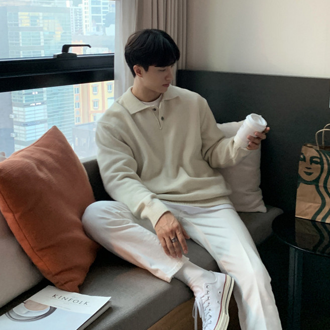 style dr 남자 니트카라넥 폴로 니트 머슬핏 니트 오버핏 긴팔 니트 스웨터 어깨넓어보이는 니트