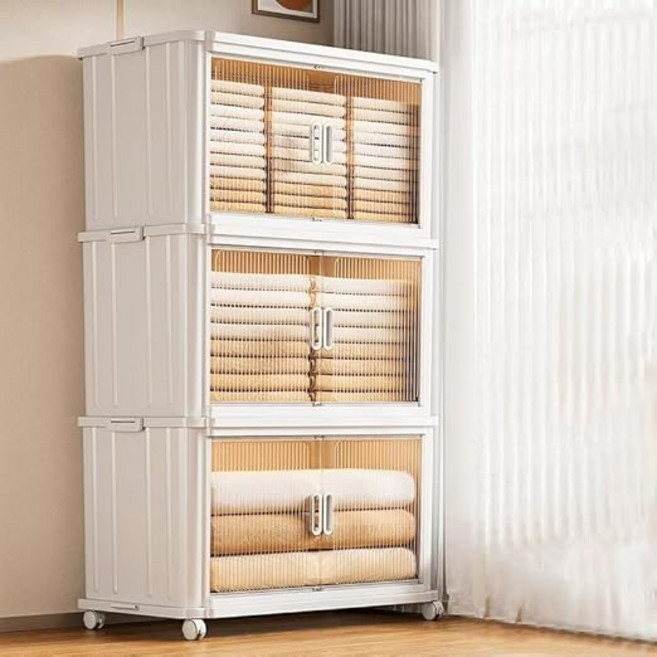 HZDMJ 3단 대용량 이동식 투명도어 수납장 화이트 리빙박스 다용도 폴딩 수납장 옷 이불 정리함, 백색