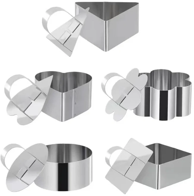 스테인리스 스틸 원형 실리콘 케이크 틀 푸싱보드 포함 타로 라이스볼 도구 베이킹 요리 주방 용품, 03 원형 사각형 꽃 삼각형 무스링 5종 세트