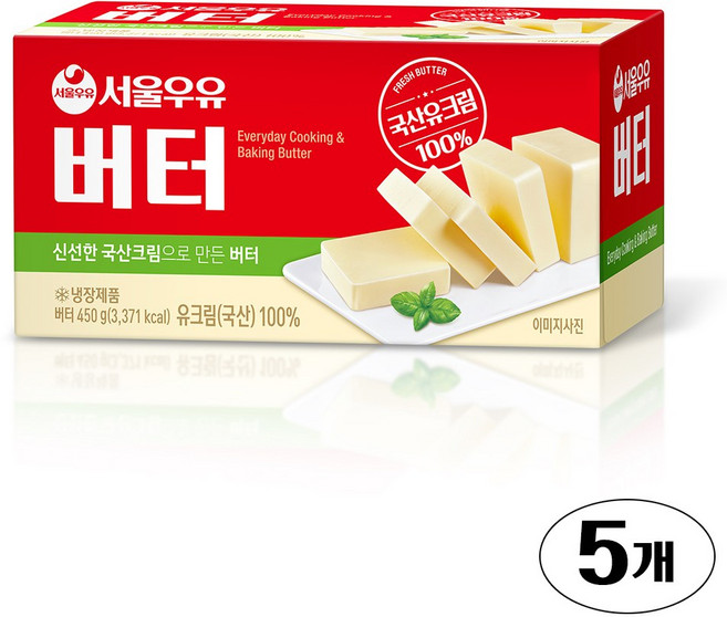 [서울우유] 국산유크림 100% 무염버터 450g(냉장)_치즈왕자, 450g, 5개