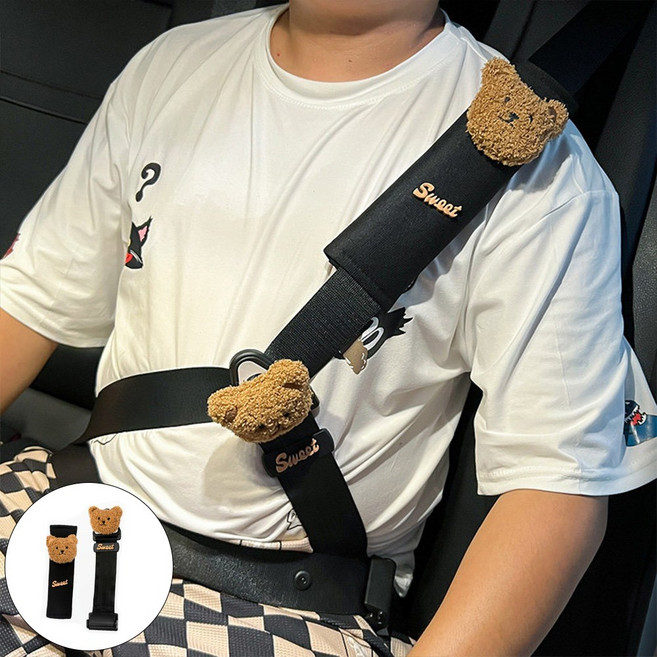 어린이 차량용 안전벨트 목쓸림 방지 조절 쿠션 캐릭터 목베개, 1개, 블랙