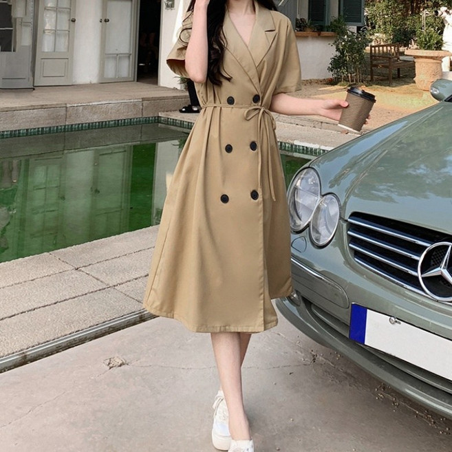 아이엠몽 여성 트렌치 테일러드 더블 버튼 벨티드 원피스