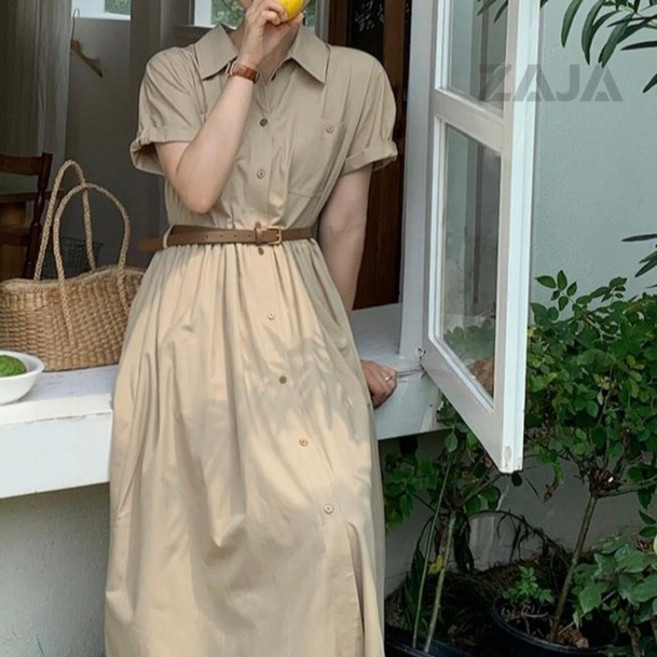 ZAJA 여성 캐주얼 허리라인 롱 셔츠 원피스 여름 슬림핏 데일리룩