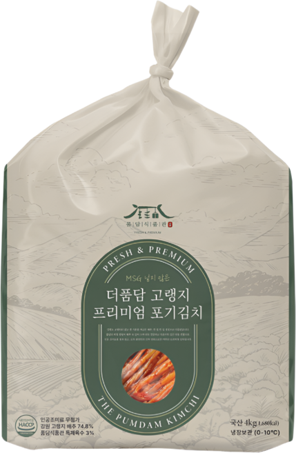 조미료 무첨가 더품담 고랭지 포기김치 HACCP인증 국산 가정용, 1개, 4kg