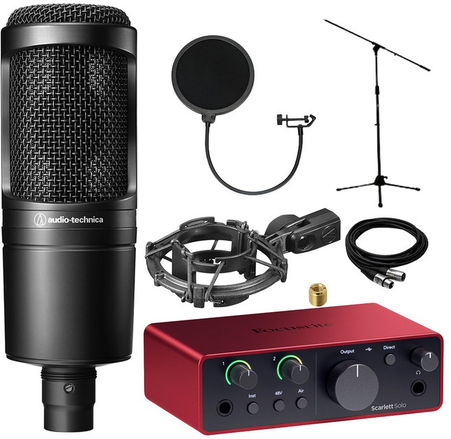 오디오테크니카 AT2020 콘덴서 마이크 포커스라이트 스칼렛 솔로 4세대 홈레코딩 세트, 쇼크마운트+롱스탠드+팝필터+케이블