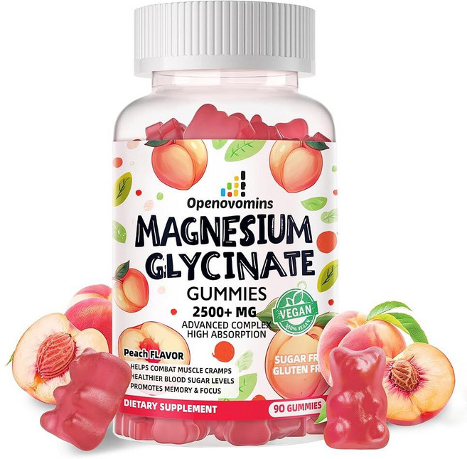 마그네슘 글리시네이트 젤리 2500mg - 무설탕 마그네슘 칼륨 보충제 비타민 D B6 CoQ10 함유 기분 진정 및 수면 지원 - 복숭아 젤리 90개, 마그네슘 글리시네이트 젤리 2500mg - 무설탕 마그, 1개, 90