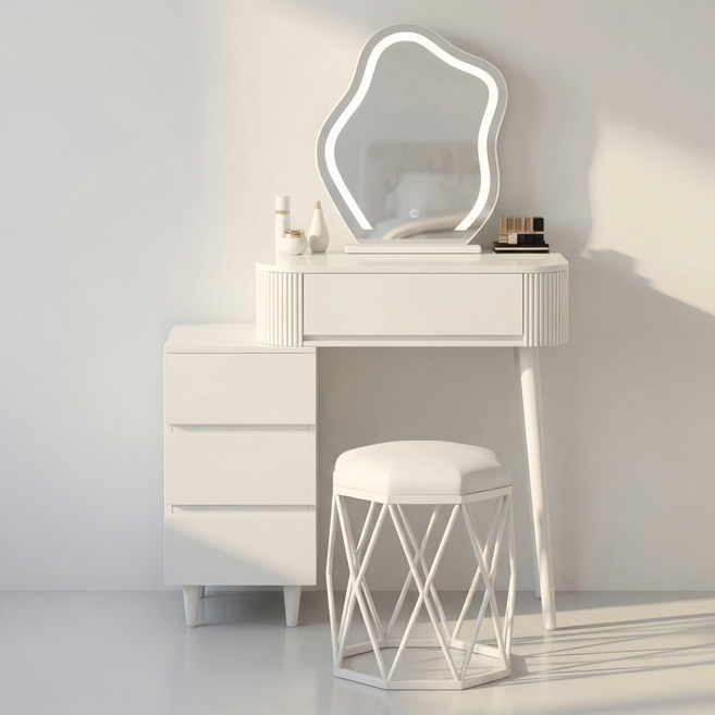 미니멀 크림색 화장대 세트 (의자포함/LED거울+수납장) 미니 화장대 50 60 70CM, 흰색-60CM+화장대+수납장+LED거울+A화장의자