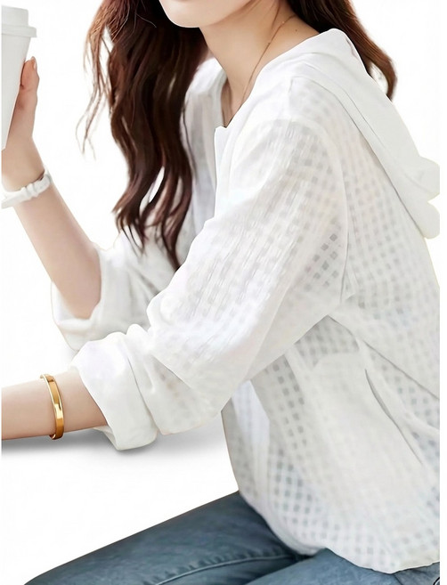 까마귀 여성 지퍼 업 체크 무늬 시어 라이트 아우터 봄 가을 후드 겉옷 탑스 캐주얼 느긋한 체형 커버