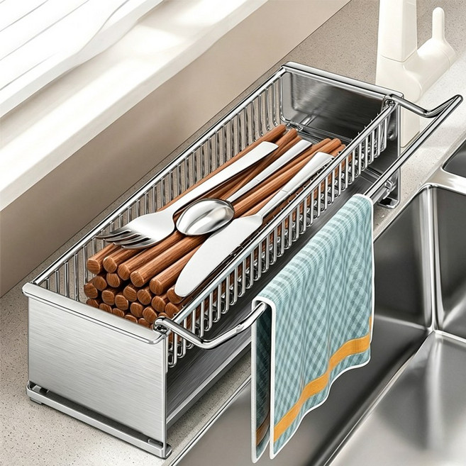 304 자동물빠짐 세제거치대 수저통세트 싱크대 물빠짐 304 스텐 수세미거치대, 1개, 실버, 1단