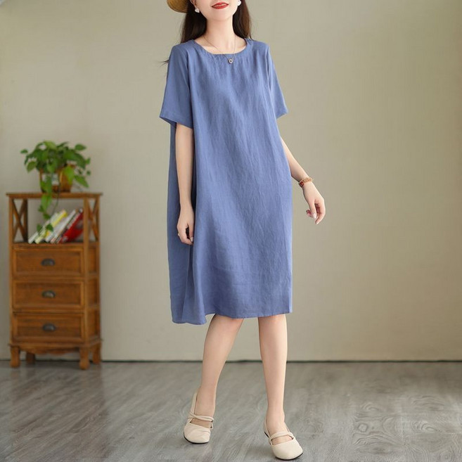 Qurora 素色棉麻文藝復古連身裙, 藍色 高品質,3XL 80-90公斤