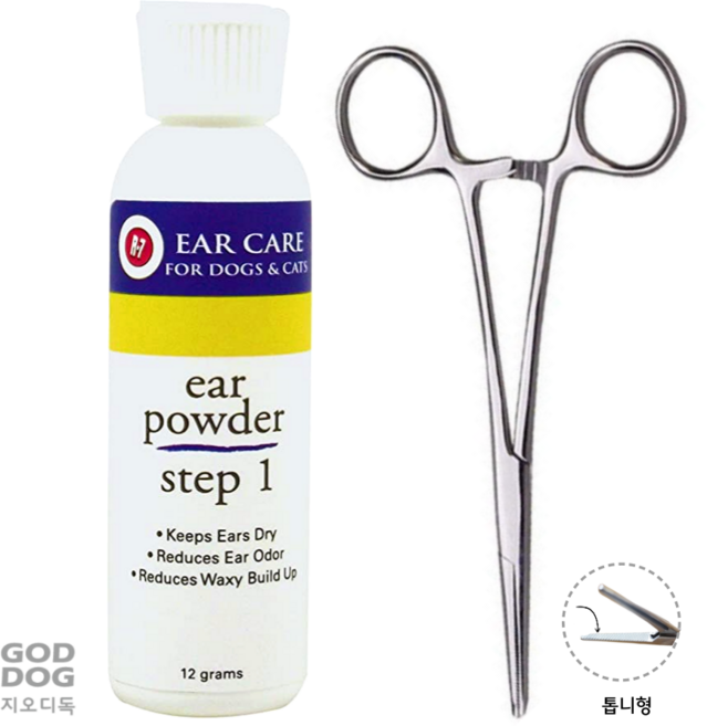 세트 미러클케어 강아지 이어파우더 + 전문가 애견 겸자 귀털정리 귀관리 귀세정, 1개, 12g