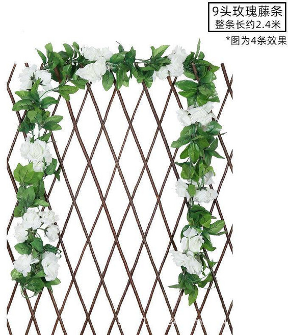 仿真玫瑰花藤假花藤蔓裝飾綠葉藤條, 9頭玫瑰白色1條, 1個