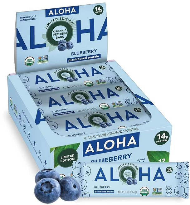 ALOHA 유기농 식물 기반 단백질 바 - 블루베리 바 비건 저설탕 글루텐 프리 저탄수화물 GMO 프리 스테비아 없음 에리스리톨 없음 - 12개(1팩) - 쿠팡