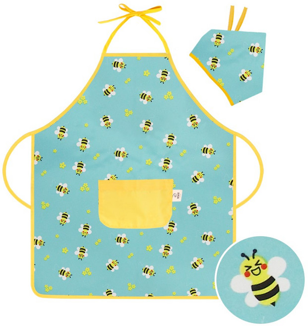 더해피 NEW 꿀벌 민트 아동 목끈형 앞치마+두건
