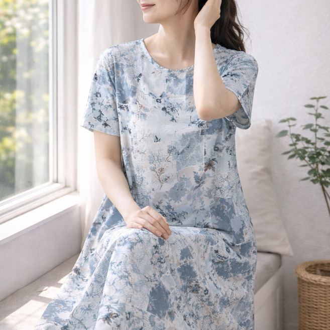 여름 반팔 인견 원피스 레이온 여성 잠옷 실내복 휴양지 원피스