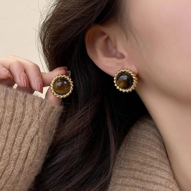 롤링페이퍼 925실버 은침 타이거아이 스톤 귀걸이 3종세트