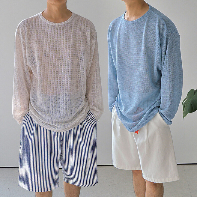 맨즈북 여름 쿨 메쉬 남자 시스루 니트 긴팔티 홀구멍 오버핏