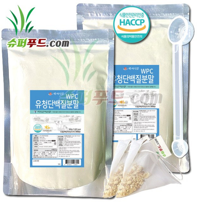 HACCP 식약처인증 유청 단백질 농축 분말100% 완전단백질 아미노산 스코어 높은단백질 프로틴파우더 유청단백질분말 100% 식약청인증 +슈퍼푸드.com 연자육티백 프로틴, 500g, 2세트
