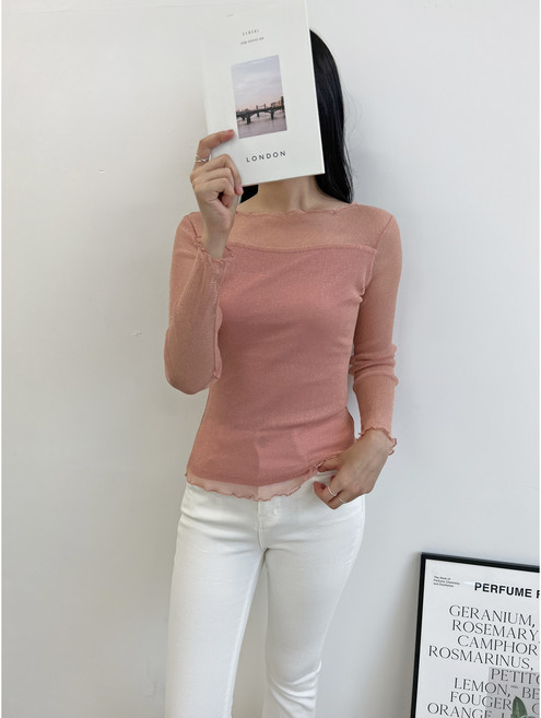 로미홀리 댄스 단체 펄 글리터 시스루 댄스복 티셔츠 S217, 핑크