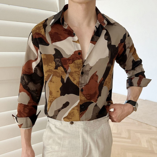 Makone 남성 일반칼라 프린트 빈티지 트랜드 캐주얼 데일리 셔츠