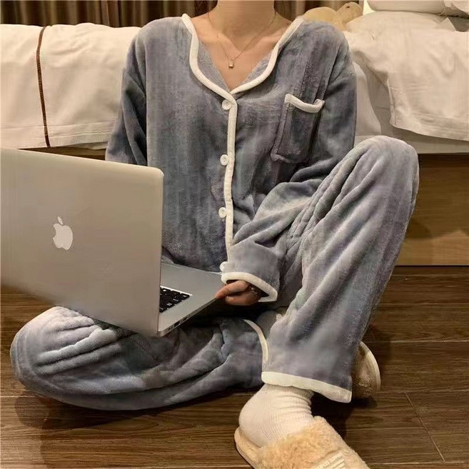 新款珊瑚絨睡衣女秋冬季加絨加厚法蘭絨可外穿保暖家居服套裝冬天