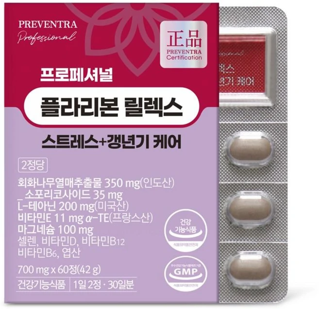 프리벤트라 플라리본 릴렉스 스트레스+갱년기 케어 / 회화나무열매 테아닌, 60정, 1개 - 쿠팡