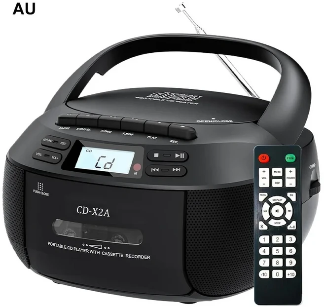 휴대용 CD 붐박스 카세트 플레이어 콤보 레코더 라디오 FM 블루투스 USB MP3 전원 (리모컨 포함), 07 Black AU Plug, 01 빠른