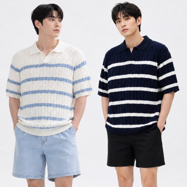 [디바옴므] 여름 단가라 꽈베기 니트 반팔 카라넥 티셔츠 남성 남자 케이블 스트라이프