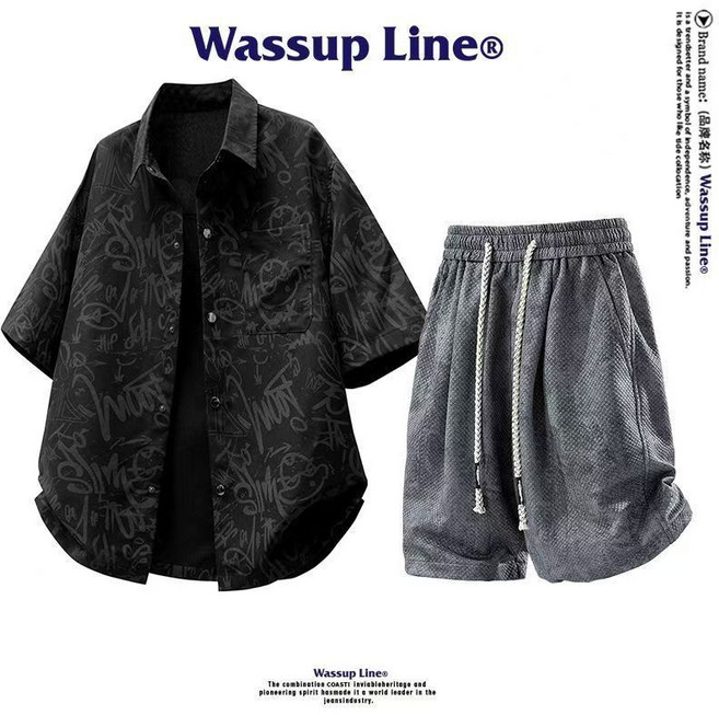 Wassup Line 男款兩件套 美式休閒短袖襯衫與短褲, 1個, 黑色襯衫+灰色短褲【一套】L 推薦100-120斤