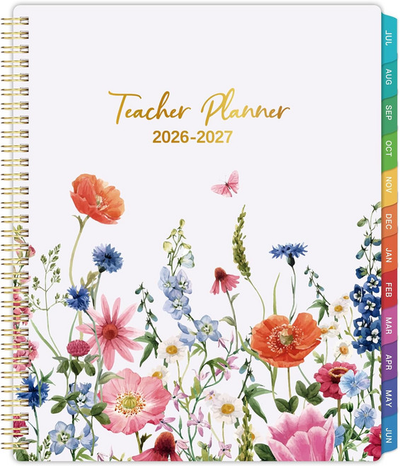 교사 플래너 2026-2027 - 수업 학업 2026년 7월 2027년 6월 8.5인치 x 11인치 26-27 주간 및 월간 교사를 위한 계획서 다채로운 탭 내부 포켓 꽃, white