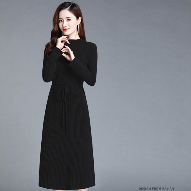 ORZQU 여성 가을 겨울 우아한 허리라인 니트 긴팔 원피스 심플 클래식 원피스