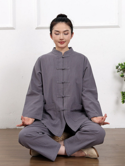 순면 불교 승복 세트 남성 여성용 긴팔 스탠드 칼라 명상복 복고풍 단색 중국식 단추 편안한 착용감 전통 스타일