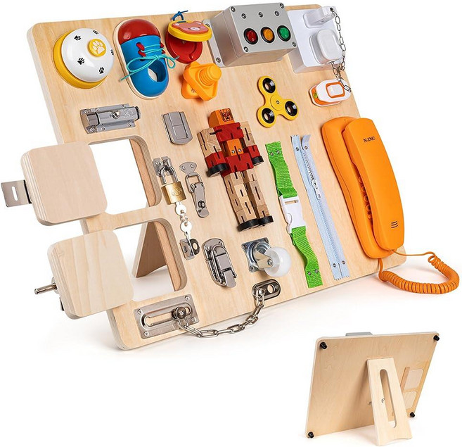 NILUTO 몬테소리 만 3세 유아용 대형 비지 보드 - 20 in 1 나무 감각 교육용 장난감 - 자폐증 어린이를 위한 피젯 장난감 - 유치원 학습 활동 소근육 운동 기술