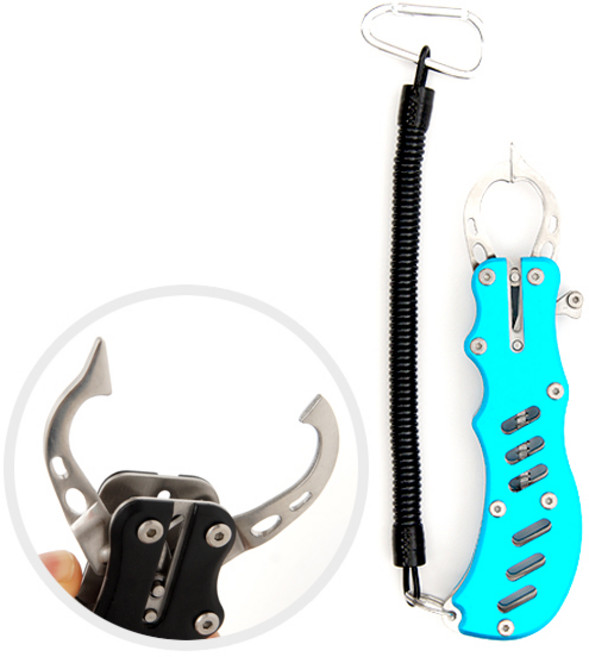 ZIO-BIZ 피싱그립 물고기집게 메탈 / 저울 줄자 기능 탑재 낚시용품 립그립 낚시집게 낚시바늘빼기 민물낚시 슬리브압착기 낚시플라이어 피싱플라이어 랜딩그립, 1개, 블루