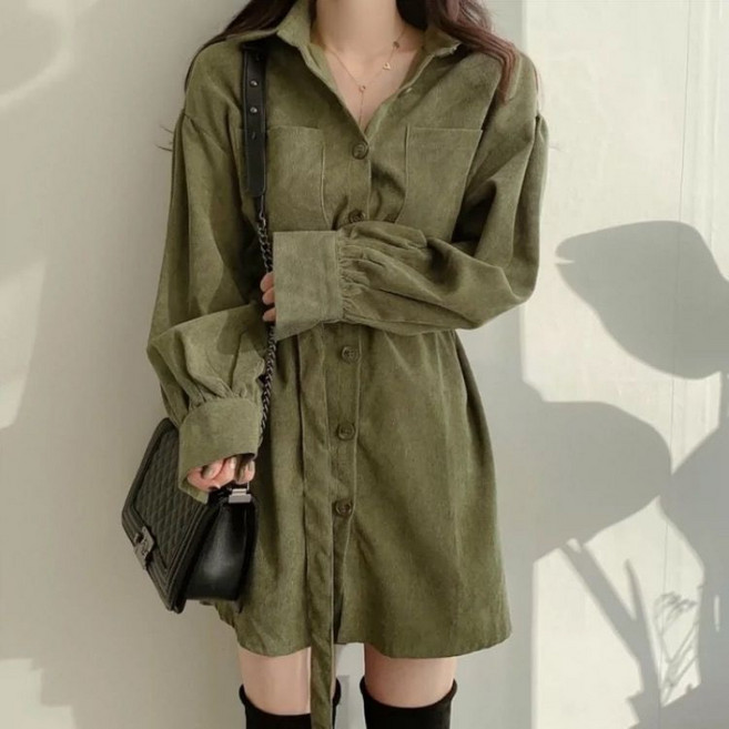 COSYEVNO 여성 원피스 추동 브이넥 코듀로이 엘레강스한 루즈핏 긴팔 힙업 스커트 CXJqz-23