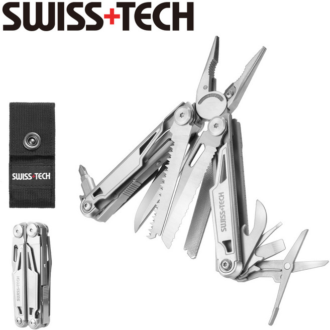 SWISS+TECH 다기능 플라이어 아웃도어 멀티툴 16in1 잠금 기능 커터 톱 드라이버 측정기 병따개 파일 파우치 포함 야외 DIY 등산용 실버, 1개